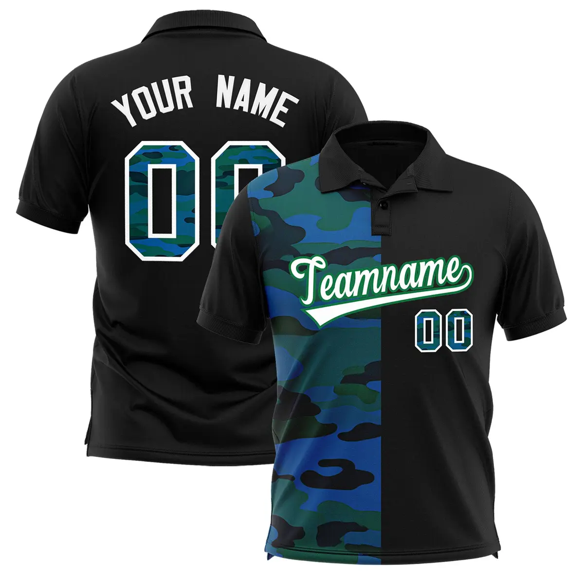 Black Camo Split Fashion Authentic Performance Polo Shirt