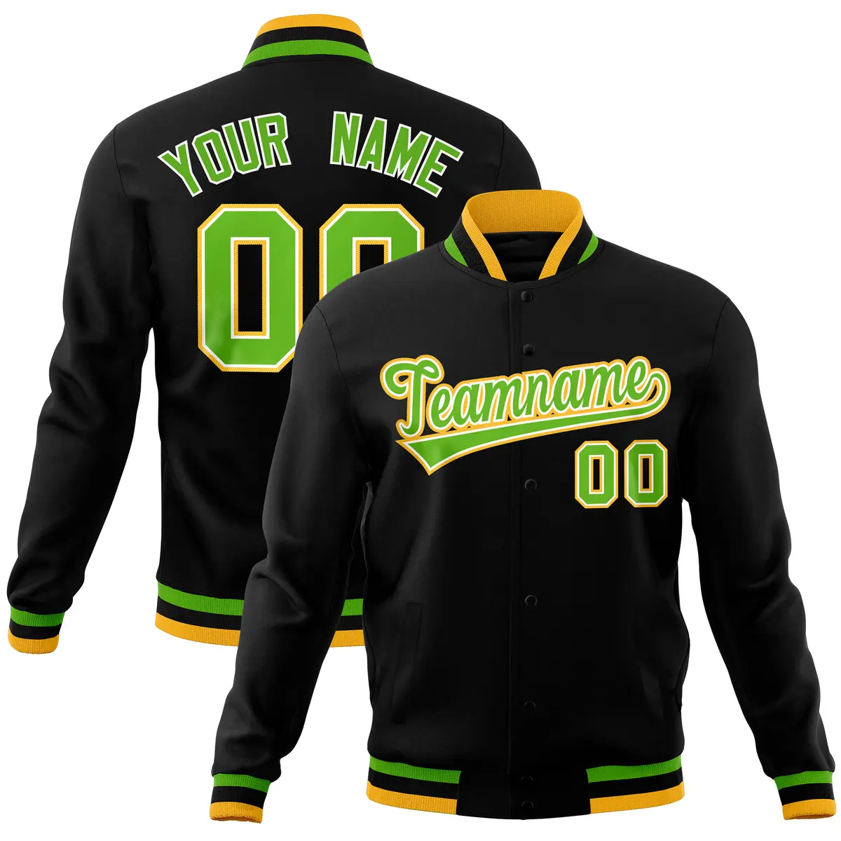 Black Classic Varsity Full-Snap Letterman Baseball Jacket