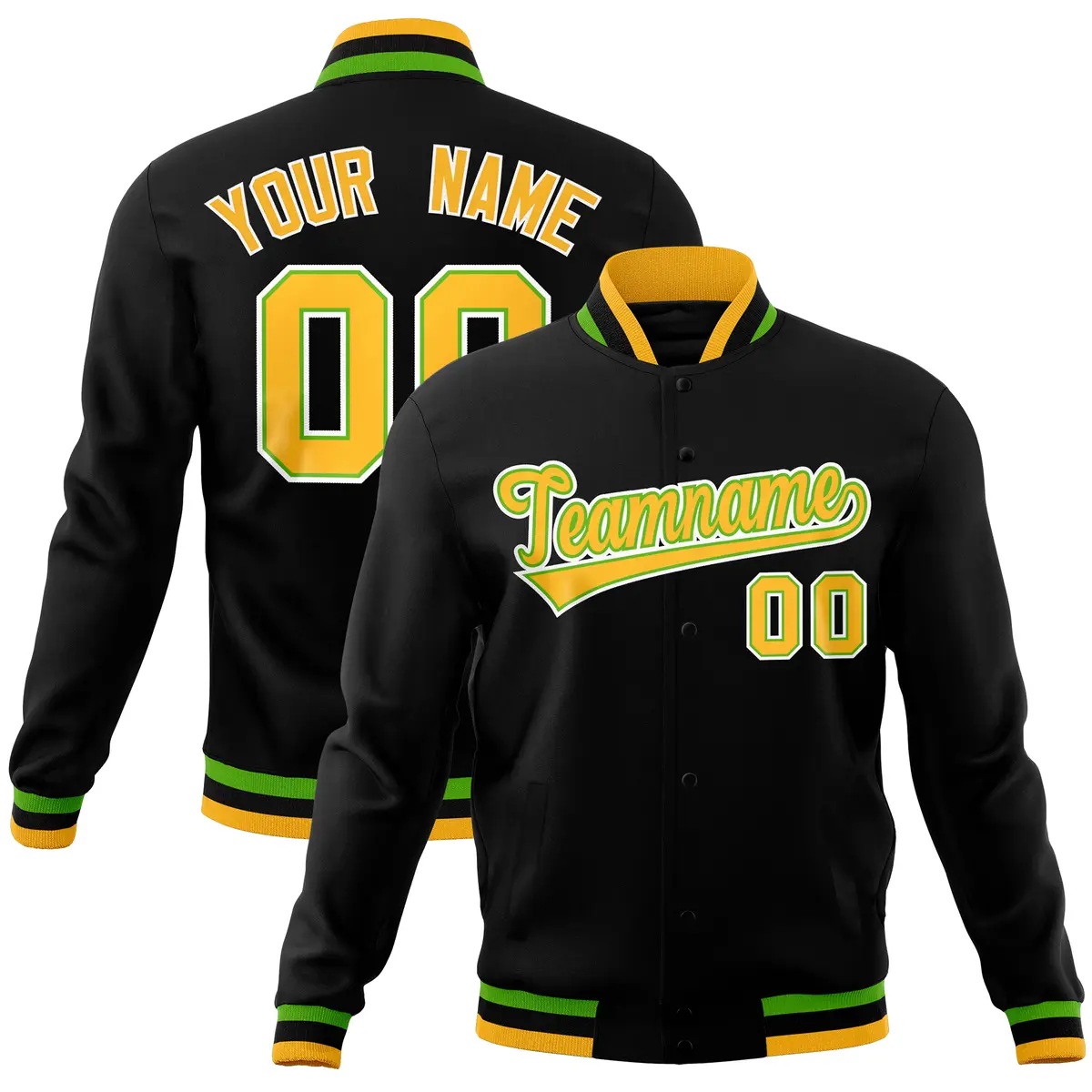 Black Classic Varsity Full-Snap Letterman Baseball Jacket