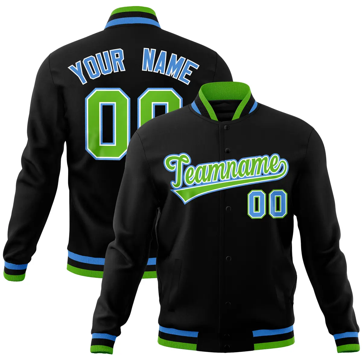 Black Classic Varsity Full-Snap Letterman Baseball Jacket