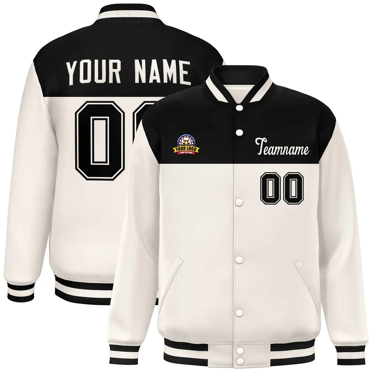 Black Cream Color Block Full-Snap Varsity Letterman Jacket