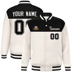 Black Cream Color Block Full-Snap Varsity Letterman Jacket