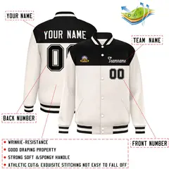 Black Cream Color Block Full-Snap Varsity Letterman Jacket 2
