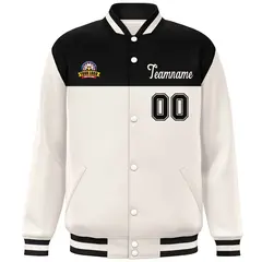 Black Cream Color Block Full-Snap Varsity Letterman Jacket 3