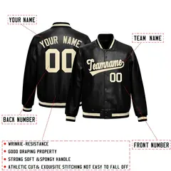 Black Cream Full-Snap Varsity Faux Leather Letterman Jacket 2