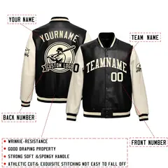 Black Cream Raglan Full-Snap Faux Leather Letterman Jacket 2