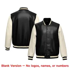 Black Cream Raglan Full-Snap Faux Leather Letterman Jacket 6