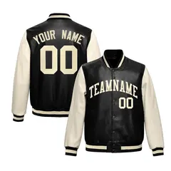 Black Cream Raglan Full-Snap Varsity Faux Leather Letterman Jacket