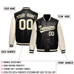 Black Cream Raglan Full-Snap Varsity Faux Leather Letterman Jacket 2