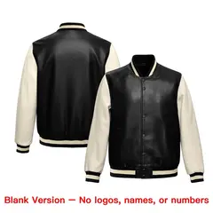 Black Cream Raglan Full-Snap Varsity Faux Leather Letterman Jacket 6