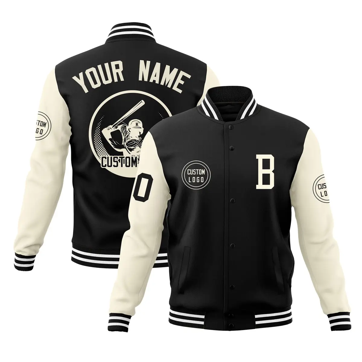 Black Cream Raglan Sleeves Full-Snap Varsity Letterman Baseball Jacket