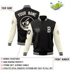Black Cream Raglan Sleeves Full-Snap Varsity Letterman Baseball Jacket 4