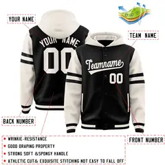 Black Cream Raglan Three Stripes Varsity Letterman Jacket Hoodie 4