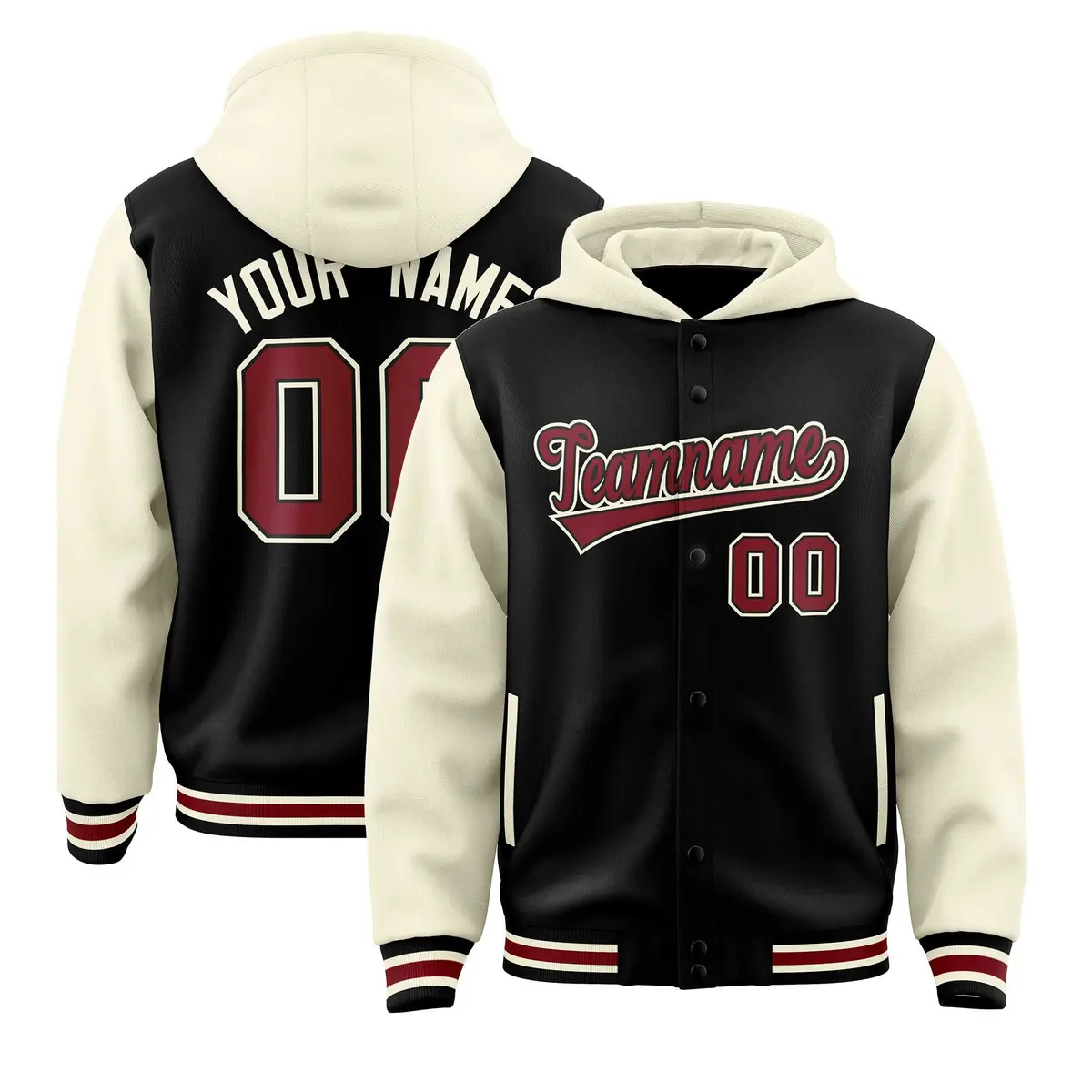 Black Cream Raglan Two Tone Varsity Full-Snap Letterman Jacket Hoodie