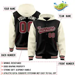 Black Cream Raglan Two Tone Varsity Full-Snap Letterman Jacket Hoodie 4