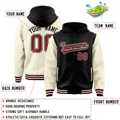 Black Cream Raglan Two Tone Varsity Full-Snap Letterman Jacket Hoodie 4