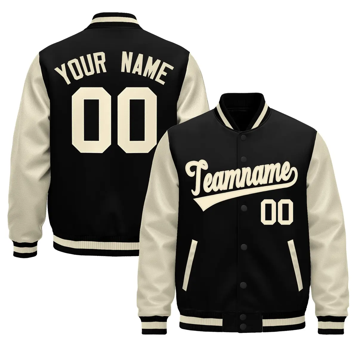 Black Cream Raglan Varsity Full-Snap Leather Sleeves Letterman Jacket