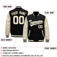 Black Cream Raglan Varsity Full-Snap Leather Sleeves Letterman Jacket 2