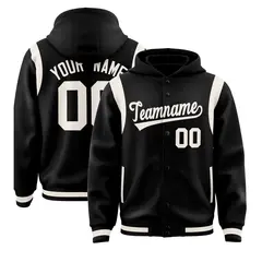 Black Cream Shoulder Color Block Full-Snap Varsity Letterman Jacket Hoodie