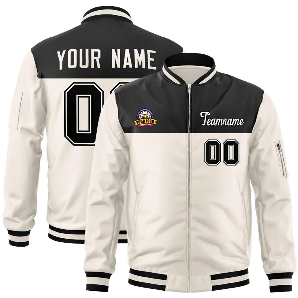 Black Cream Varsity Full-Zip Color Block Letterman Bomber Jacket