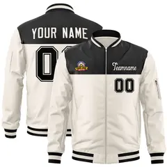 Black Cream Varsity Full-Zip Color Block Letterman Bomber Jacket
