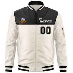 Black Cream Varsity Full-Zip Color Block Letterman Bomber Jacket 3