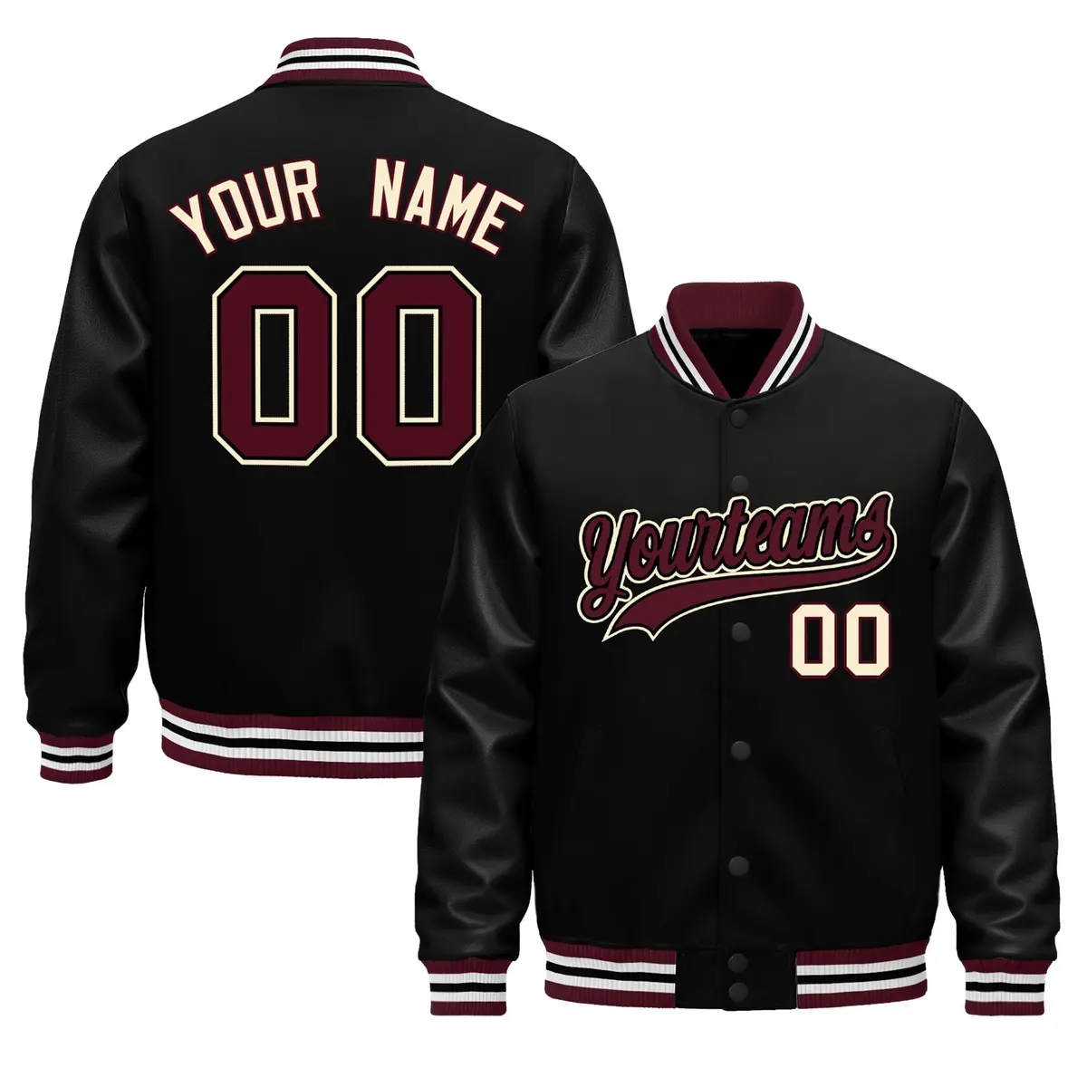 Black Cream Varsity Jacket with Faux Leather Sleeves
