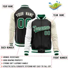 Black Cream-White Varsity Full-Zip Raglan Letterman Baseball Jacket 4