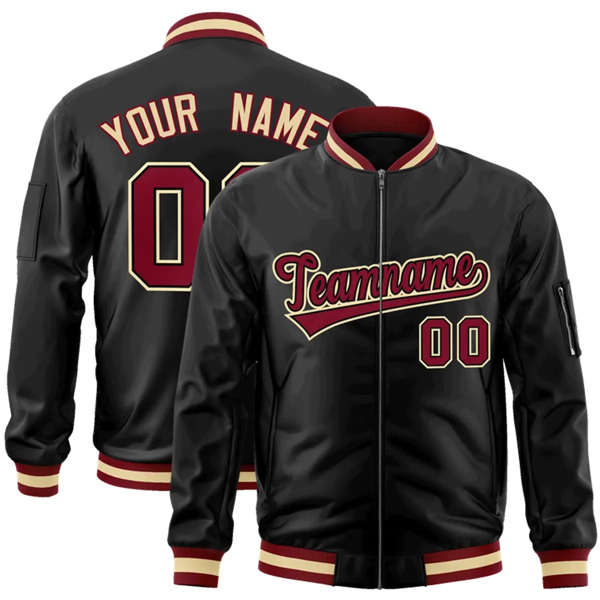 Black Crimson-Black Full-Zip Varsity Letterman Bomber Jacket