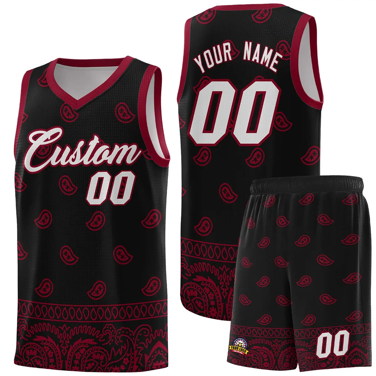Black Crimson Cashew Pattern Basketball Jersey