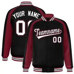 Black Crimson Color Block Raglan Varsity Letterman Jacket