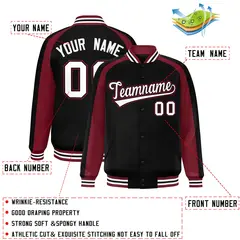 Black Crimson Color Block Raglan Varsity Letterman Jacket 2