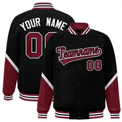 Black Crimson Color Block Varsity Full-Snap Letterman Baseball Jacket