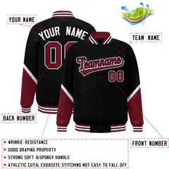 Black Crimson Color Block Varsity Full-Snap Letterman Baseball Jacket 2