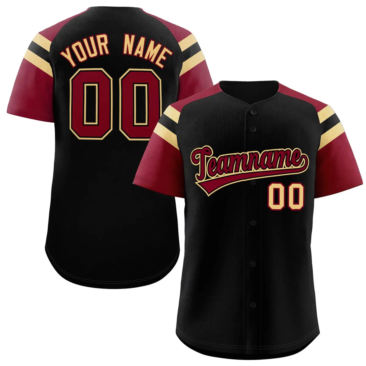 Black Crimson Contrast Raglan Sleeves Baseball Jersey