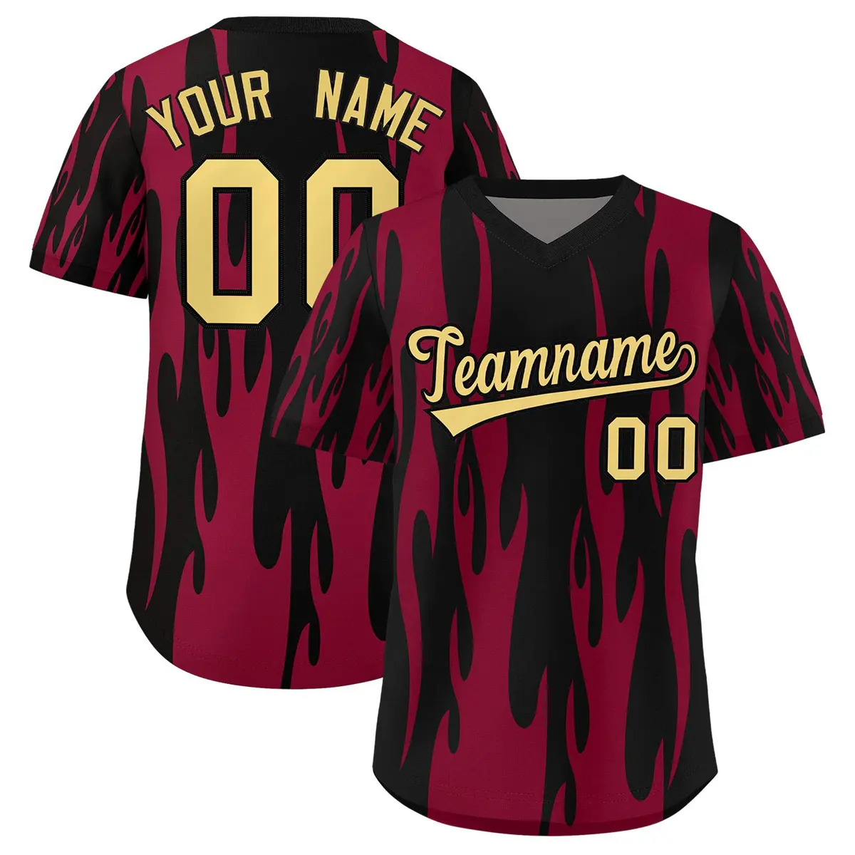 Black Crimson Flame Pattern Pullover Baseball Jersey