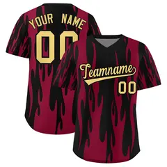 Black Crimson Flame Pattern Pullover Baseball Jersey