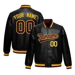 Black Crimson Full-Snap Faux Leather Varsity Letterman Jacket 1