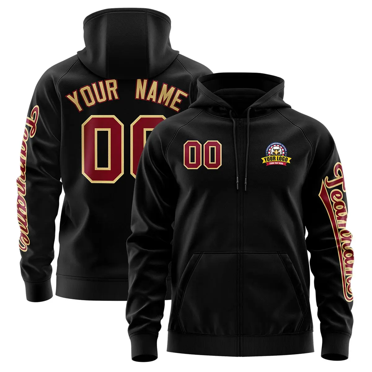 Black Crimson Full-Zip Varsity Letterman Jacket Hoodie