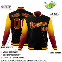 Black Crimson Gold Gradient Raglan Full-Snap Letterman Jacket 2