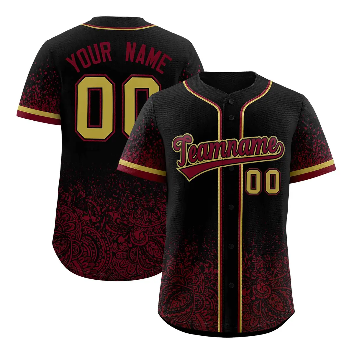 Black Crimson Gradient Floral Print Full Button Baseball Jersey