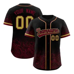 Black Crimson Gradient Floral Print Full Button Baseball Jersey