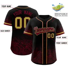 Black Crimson Gradient Floral Print Full Button Baseball Jersey 2