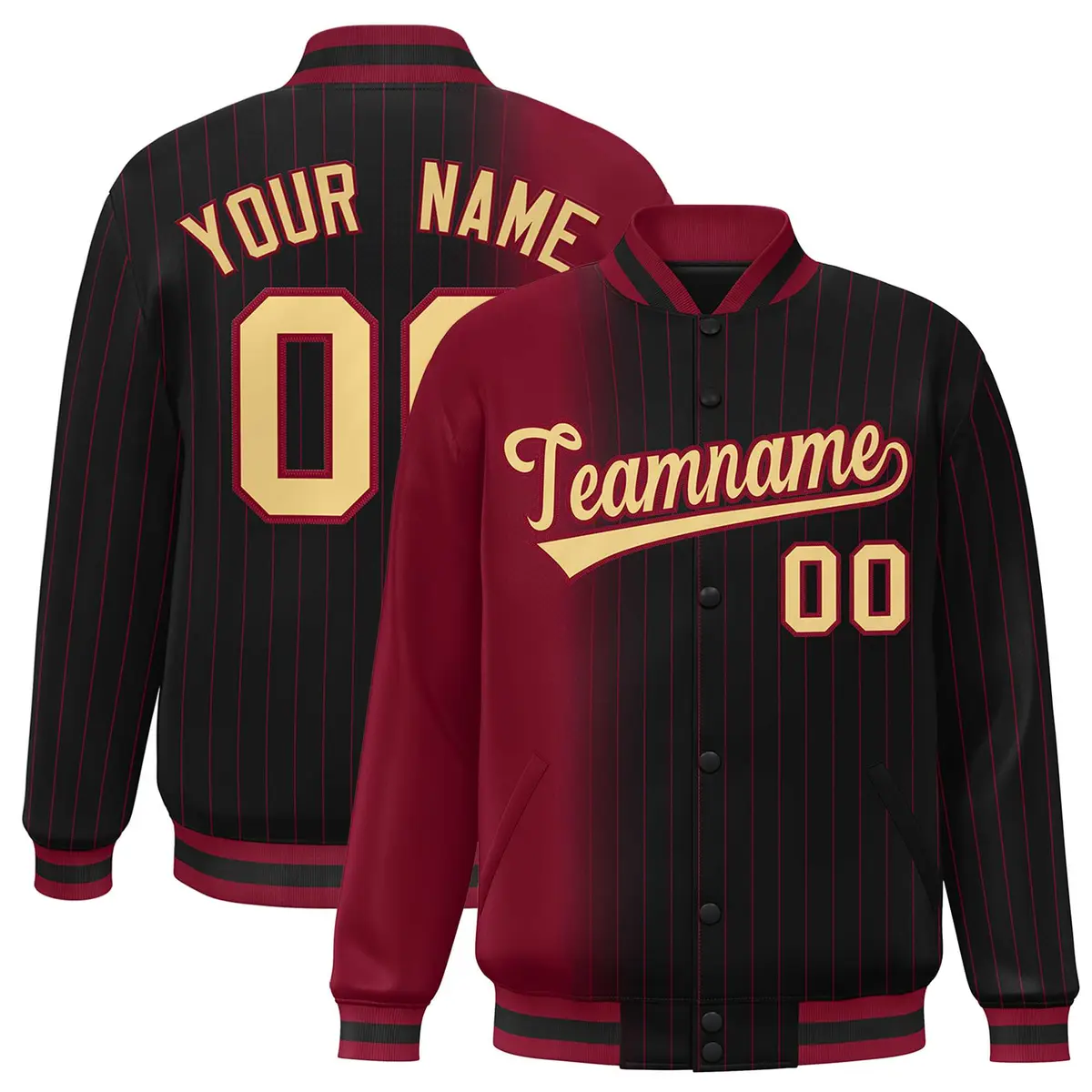Black Crimson Gradient Pinstripe Full-Snap Letterman Jacket