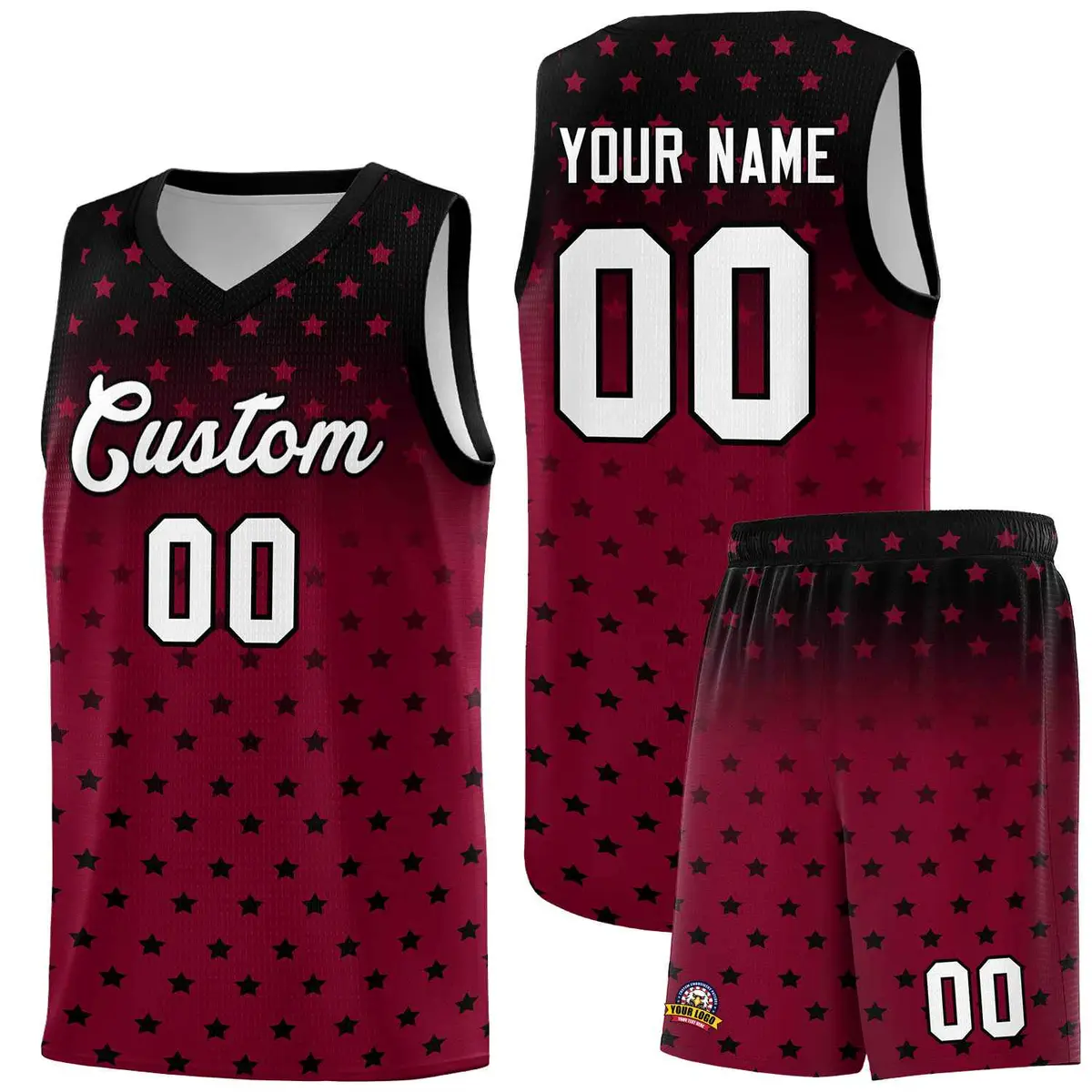 Black Crimson Gradient Star Pattern Basketball Jersey Sets