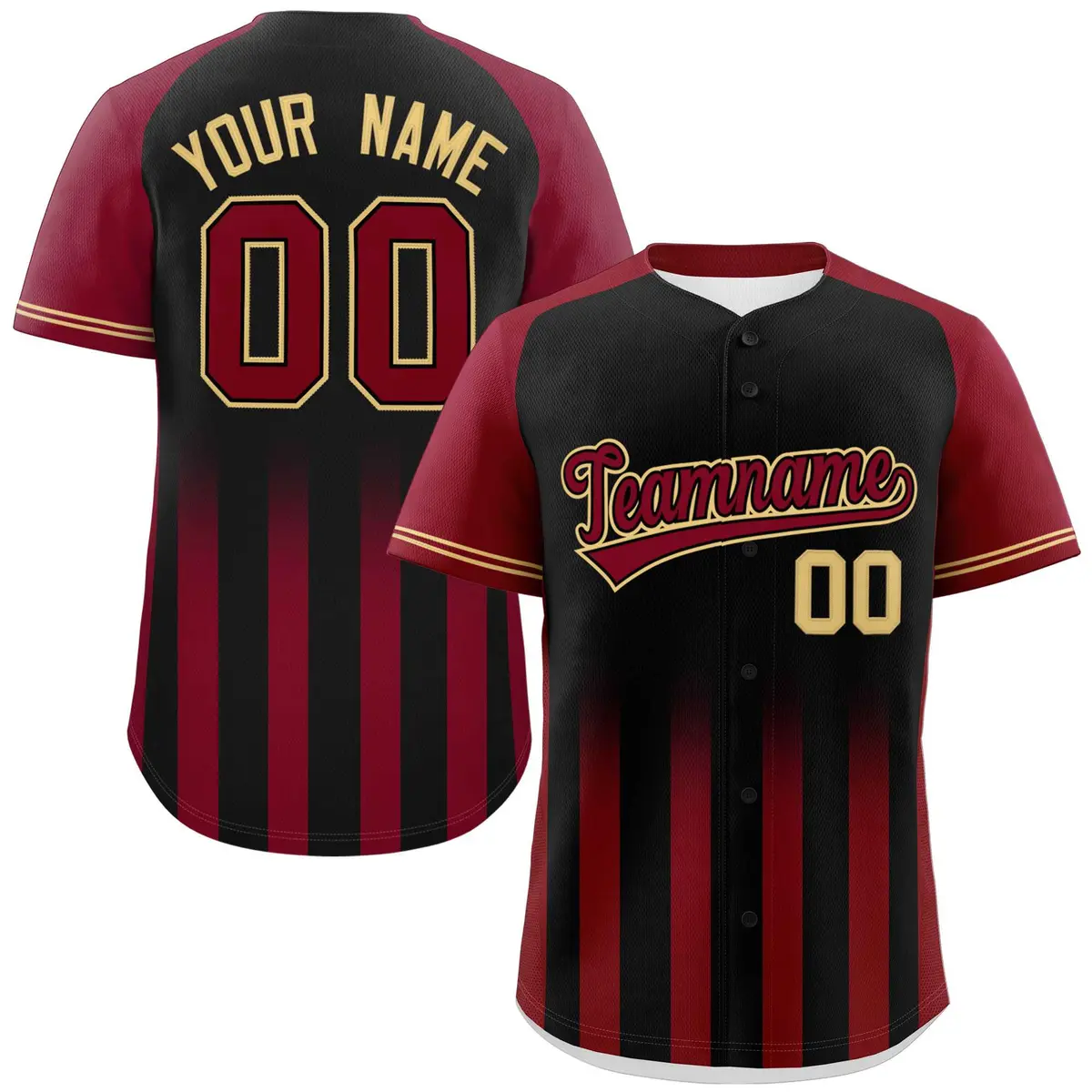 Black Crimson Gradient Thick Stripe Raglan Baseball Jersey