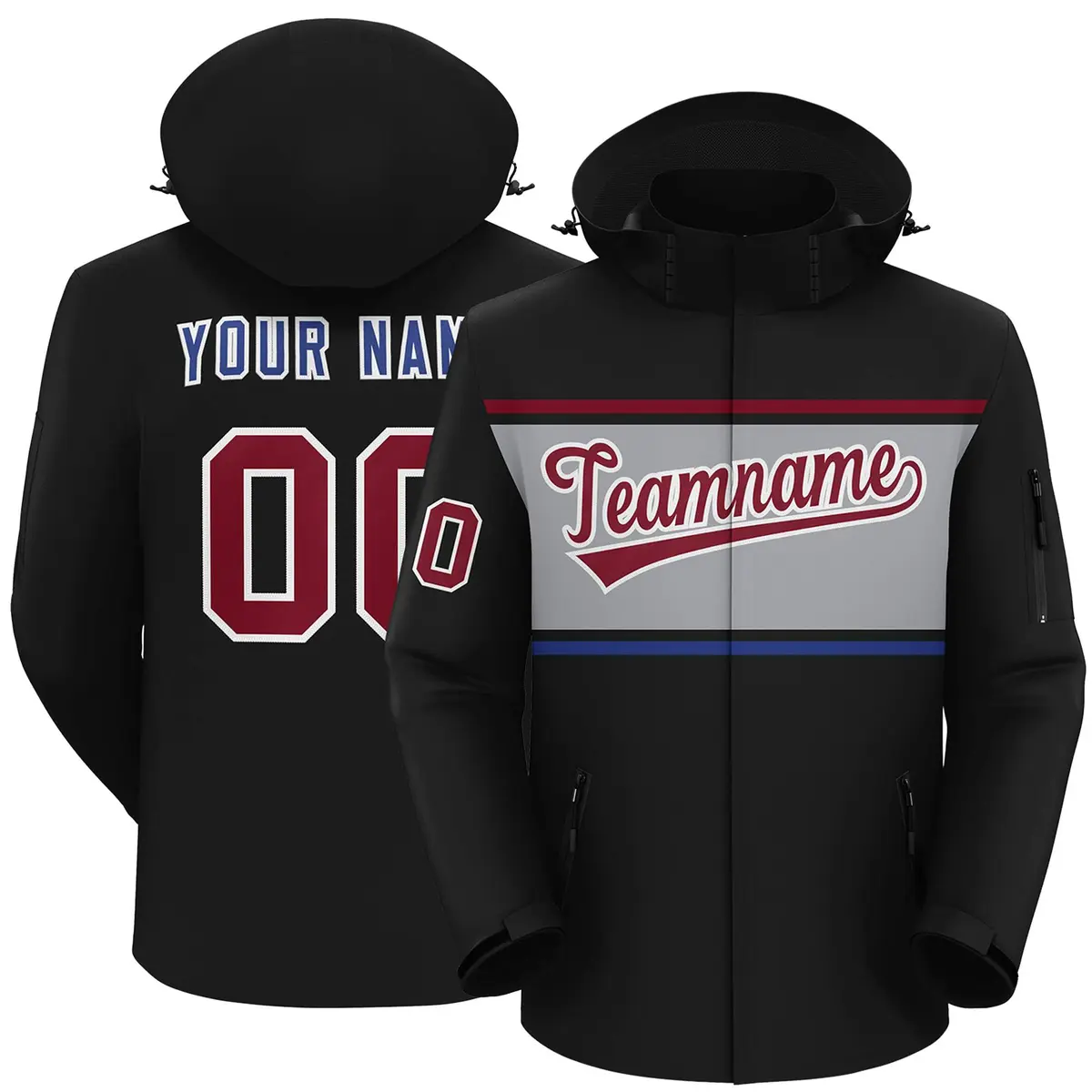 Black Crimson-Gray Color Block Hooded Waterproof Jacket