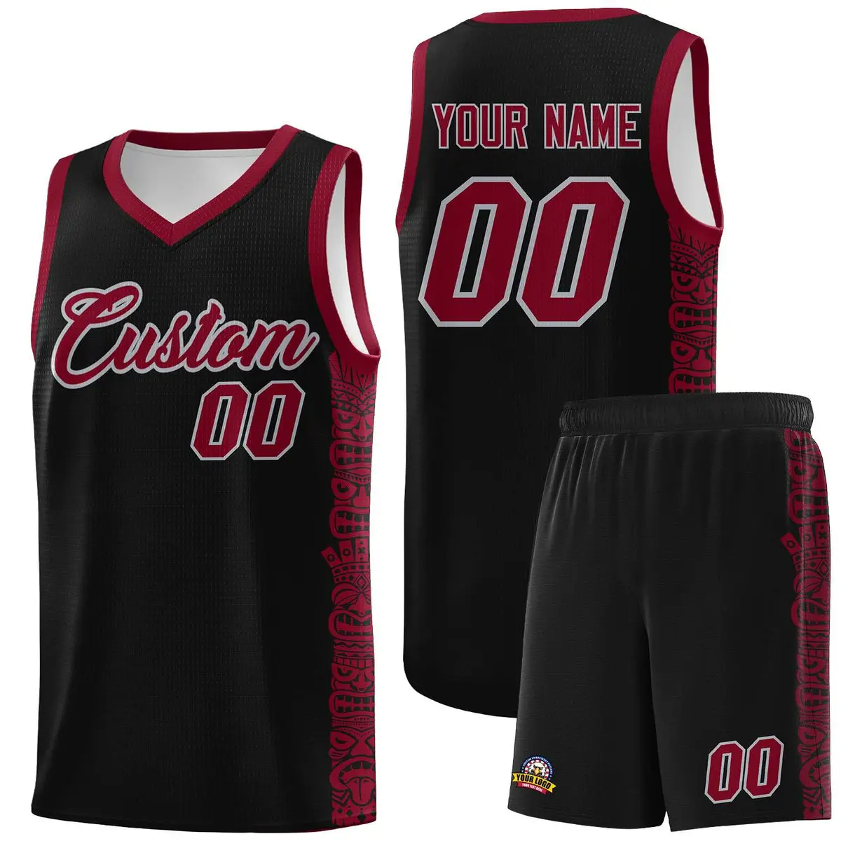 Black Crimson Indians Pattern Basketball Jersey Sets