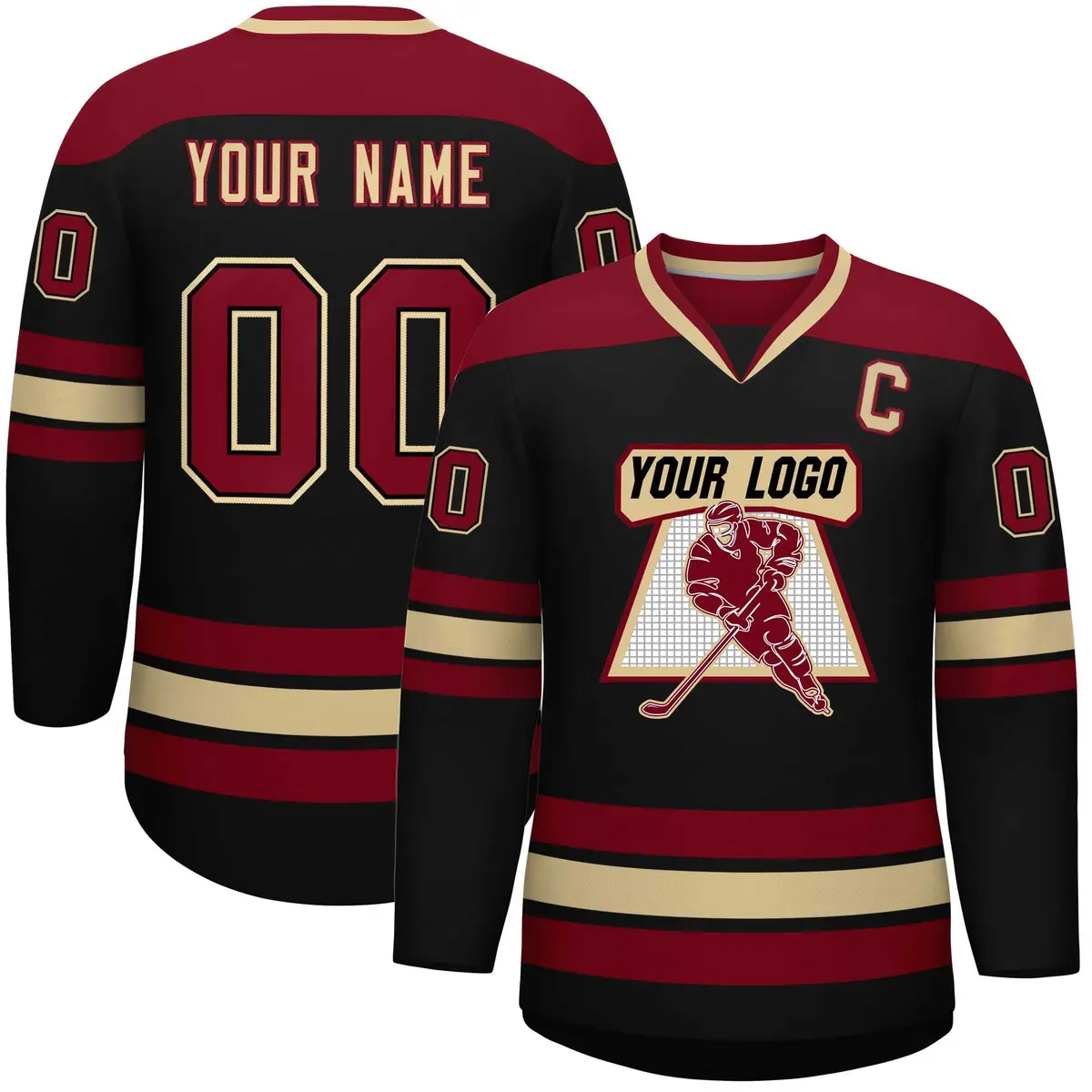 Black Crimson-Khaki Classic V-Neck Hockey Jersey