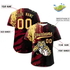 Black Crimson Khaki Full-Snap Tiger Graffiti Baseball Jersey 2